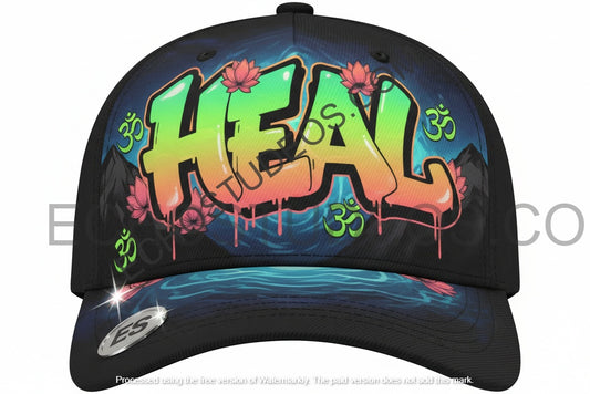 Heal Wellness Baseball Cap - Jade Green & Peach Graffiti Digital Design Download