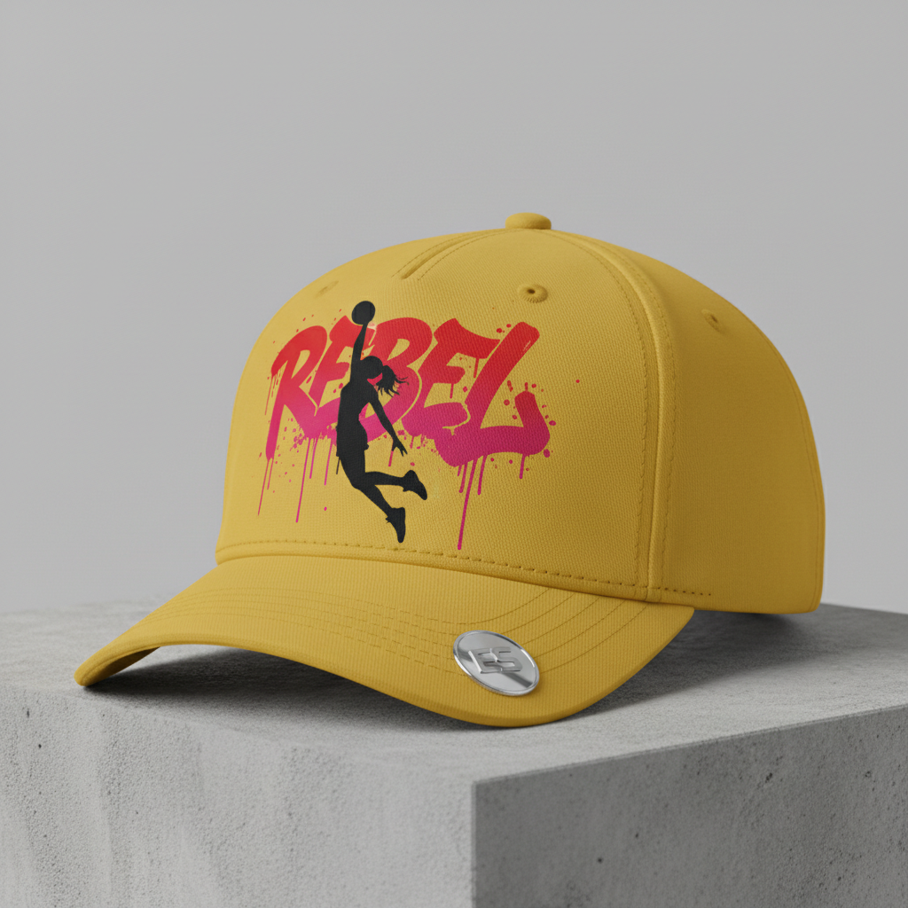 Yellow baseball cap with rebel basketball player graffiti design and chrome ES logo